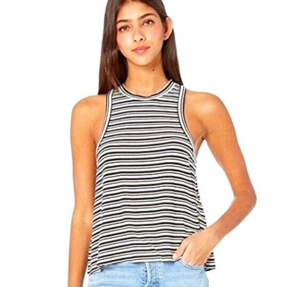 NWT VOLCOM What She Said Black White Stripe Racerback Crop Tank Top S - Picture 1 of 4